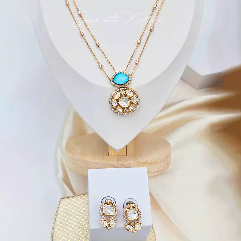 Marble Moissanite Double Layer Pendant Necklace, Blue - Image 2