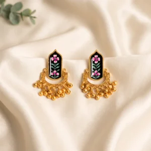 Floral Meenakari Ghungroo Statement Earrings, Black