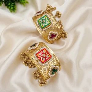Meenakari Pearl-Edged Gold Cuff Bangles