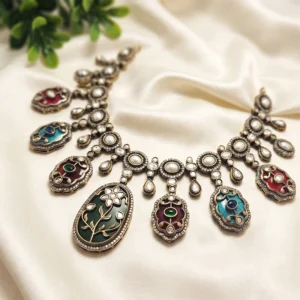 Multicolour Kundan Meenakari Statement Oxidised Necklace
