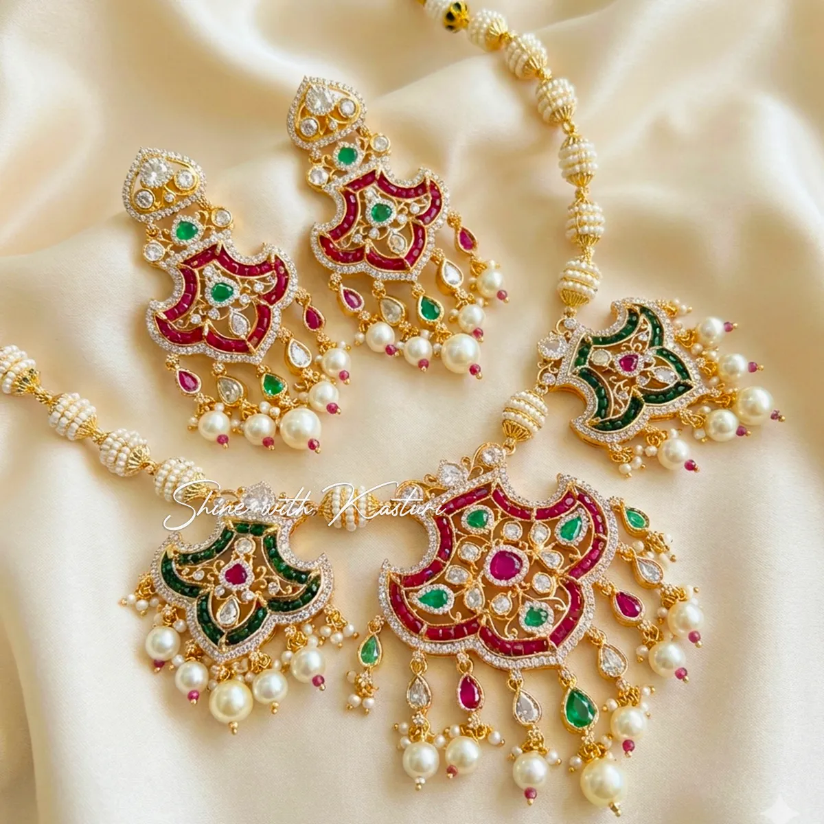 Meher-Polki-AD-Multicolor-Pearl-Necklace-Set