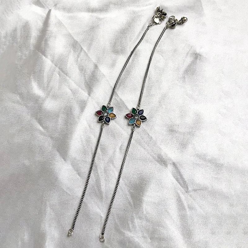 Multicolour Floral Charm Oxidised Silver Anklet