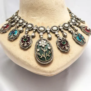 Multicolour Kundan Meenakari Statement Oxidised Necklace - Image 2