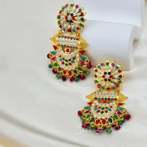 Royal Navratan Jadau Long Chandbali Earrings, Multi - Image 3