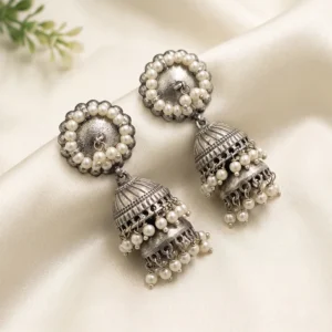 Vintage Oxidized Silver Jhumka Earrings with Pearl Drops