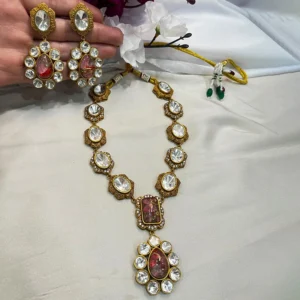 Alternative view of Pari Long Kundan Necklace Set, Pink Stone