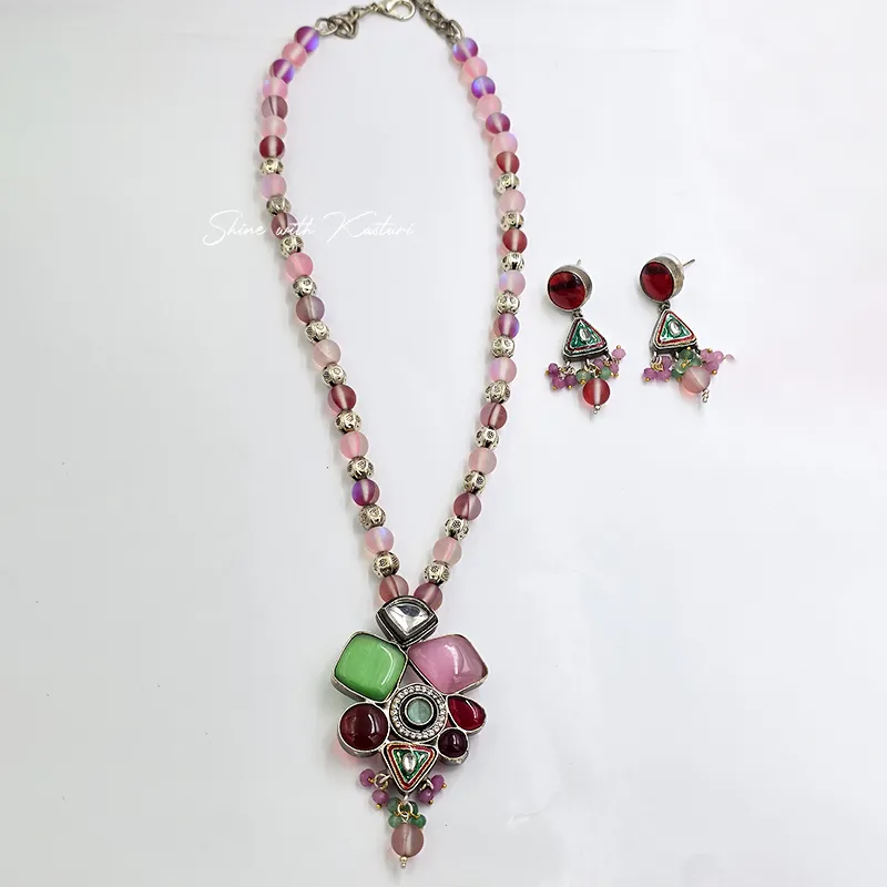 Boho Necklace Set, faux pearls in german silver - Image 2