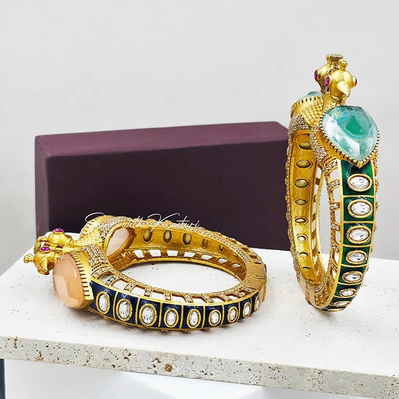 Peacock Motif Polki Stone Kada Bangles