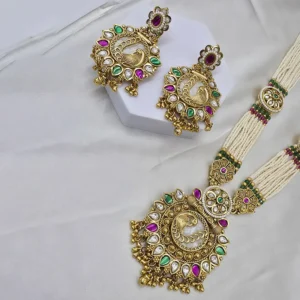 Peacock Motiff Long Necklace Set in Pearl Mala - Image 2