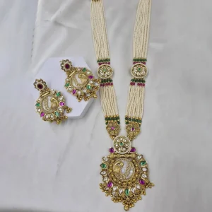 Alternative view of Peacock Motiff Long Necklace Set in Pearl Mala