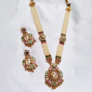 Alternative view of Peacock Motiff Long Necklace Set in Pearl Mala