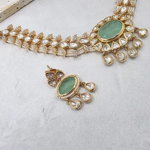 Pearl Kundan Choker Necklace Set, Green - Image 4