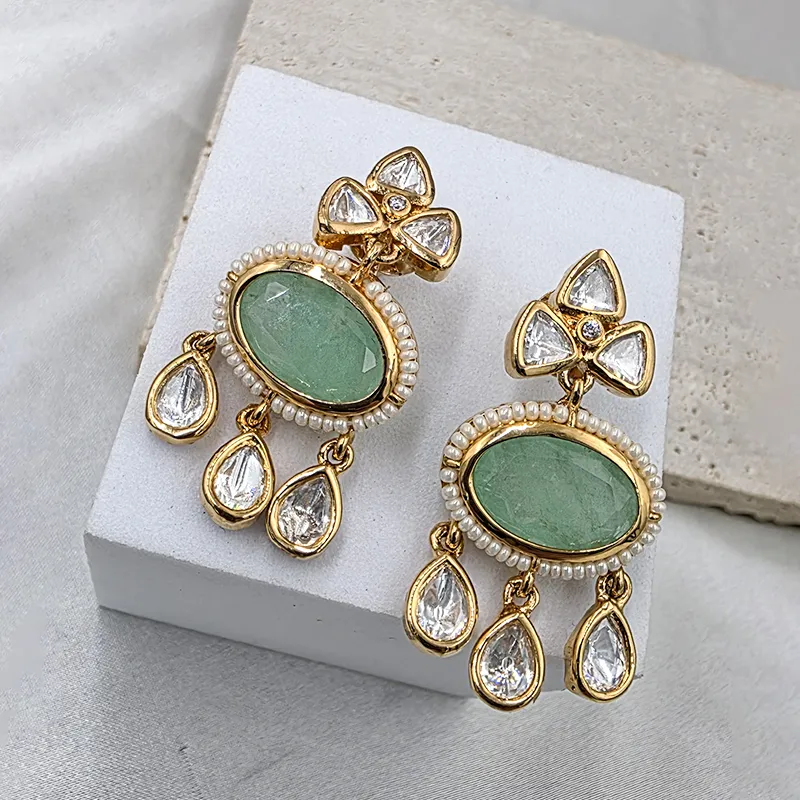 Pearl Kundan Choker Necklace Set, Green - Image 3