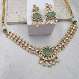 Pearl Kundan Choker Necklace Set, Green