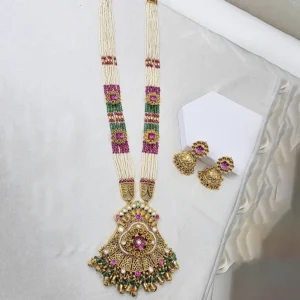 Alternative view of Traditional Pearl strands Long Necklace with Jhumka