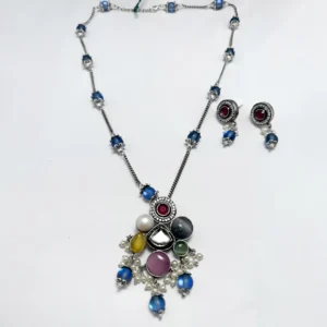 Alternative view of Multicolor Blue & Ruby Pendant Necklace with Matching Earrings
