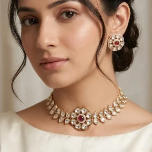 Polki Floral Necklace Set, Red
