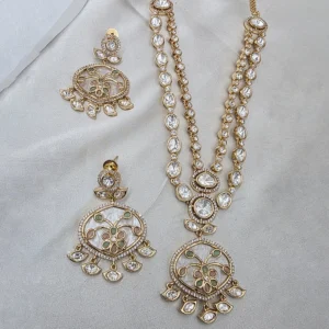 Polki Kundan Double Layer Necklace Set with Floral Pendant