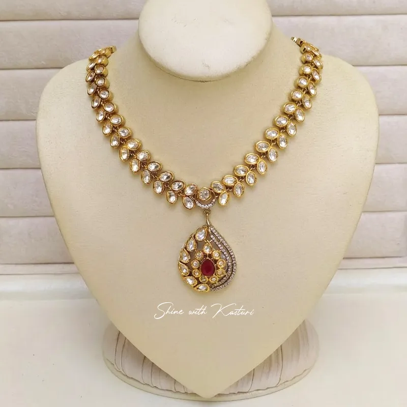 Royal Ruby Polki Teardrop Necklace Set - Image 2