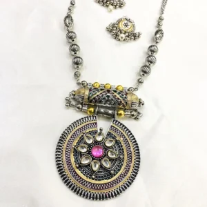 Purple Stone Oxidised Silver Necklace Set - Image 3