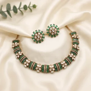 Ria Hasli Choker Necklace Set, Green Stones with Stud Earrings