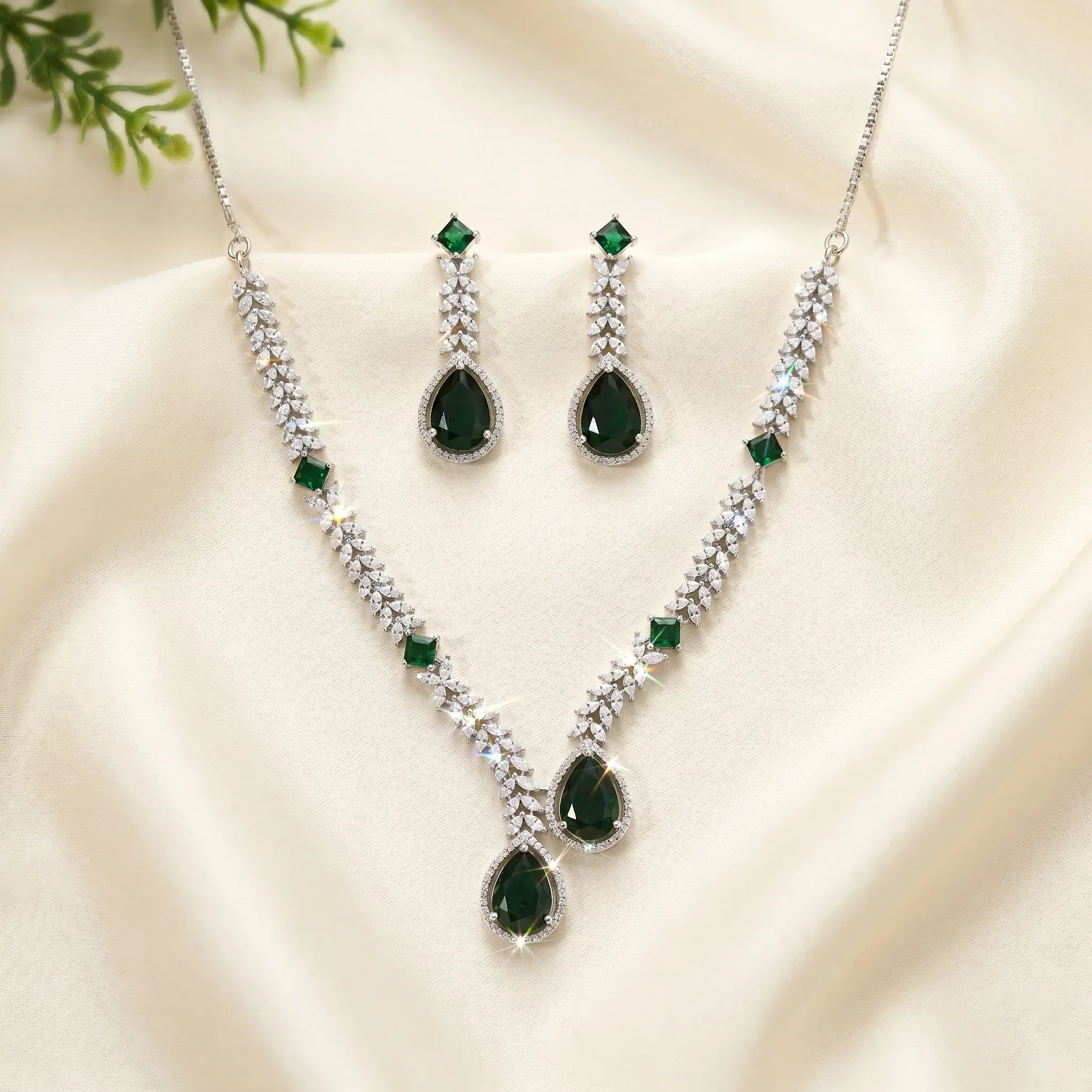 Royal Emerald CZ Drop Necklace Set