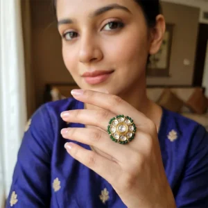 Alternative view of Royal Green Kundan Floral Ring