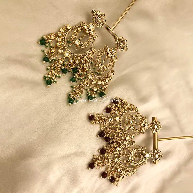 Royal Kundan Chandbali Earrings with Bead Drops