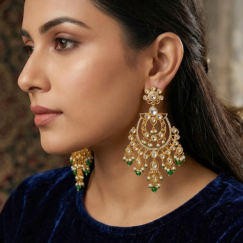 Royal Kundan Chandbali Earrings with Green Bead Drops