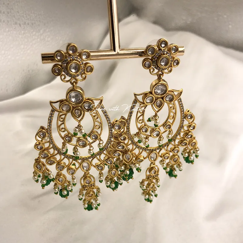 Royal Kundan Chandbali Earrings with Green Bead Drops