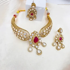 Royal Kundan Choker Set with Teardrop Earrings, Red - Image 3