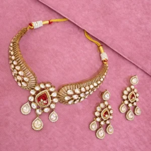 Royal Kundan Choker Set with Teardrop Earrings, Red - Image 6