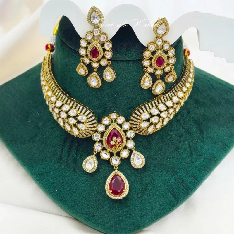 Royal Kundan Choker Set with Teardrop Earrings, Red