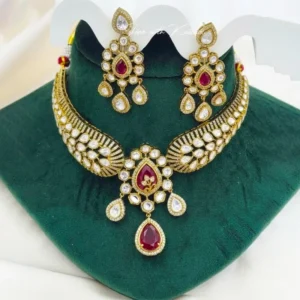 Alternative view of Royal Kundan Choker Set with Teardrop Earrings, Red
