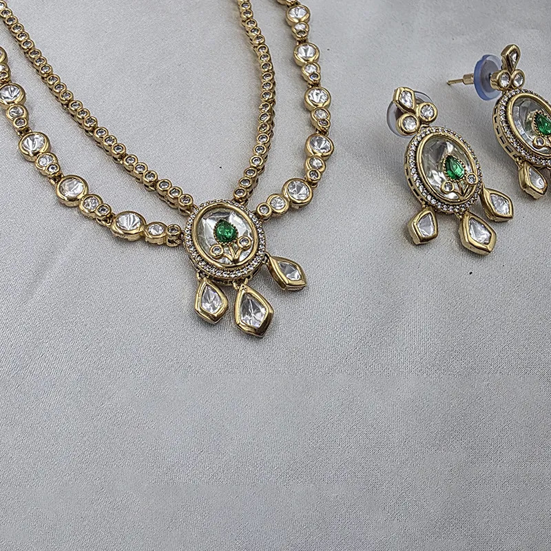 Royal Kundan Teardrop Bridal Necklace Set, Green - Image 2