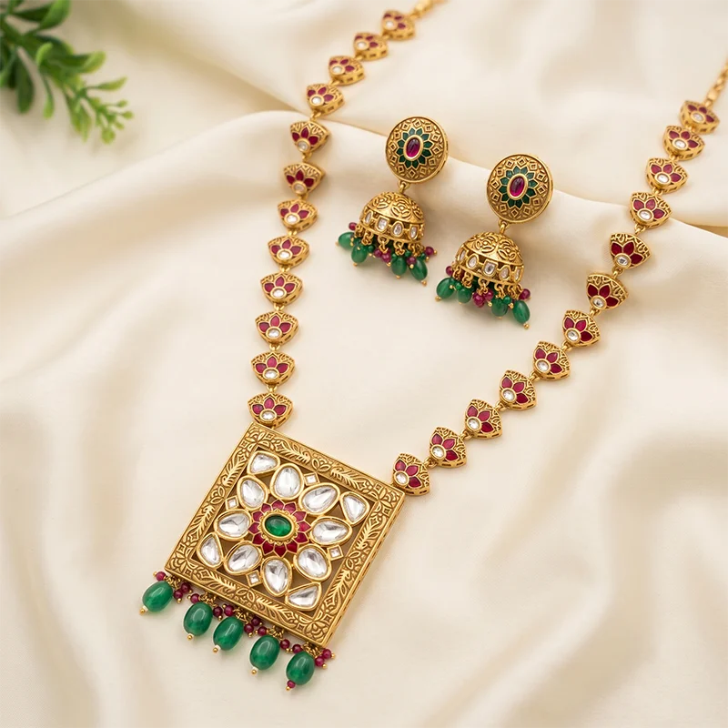 Royal Long Necklace with Kundan & Stones, Green