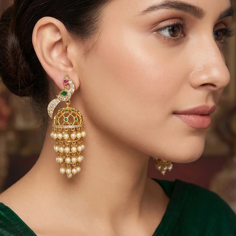 Royal Triple Layer Pearl Jhumka Earrings - Image 2