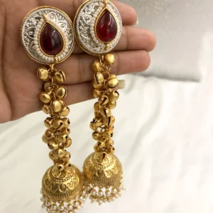 Alternative view of Royal Kundan Jhumka Earrings with Pearl Drops, Ruby