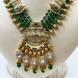 Regal Emerald Beads Long Necklace & Jhumka Set - Image 6