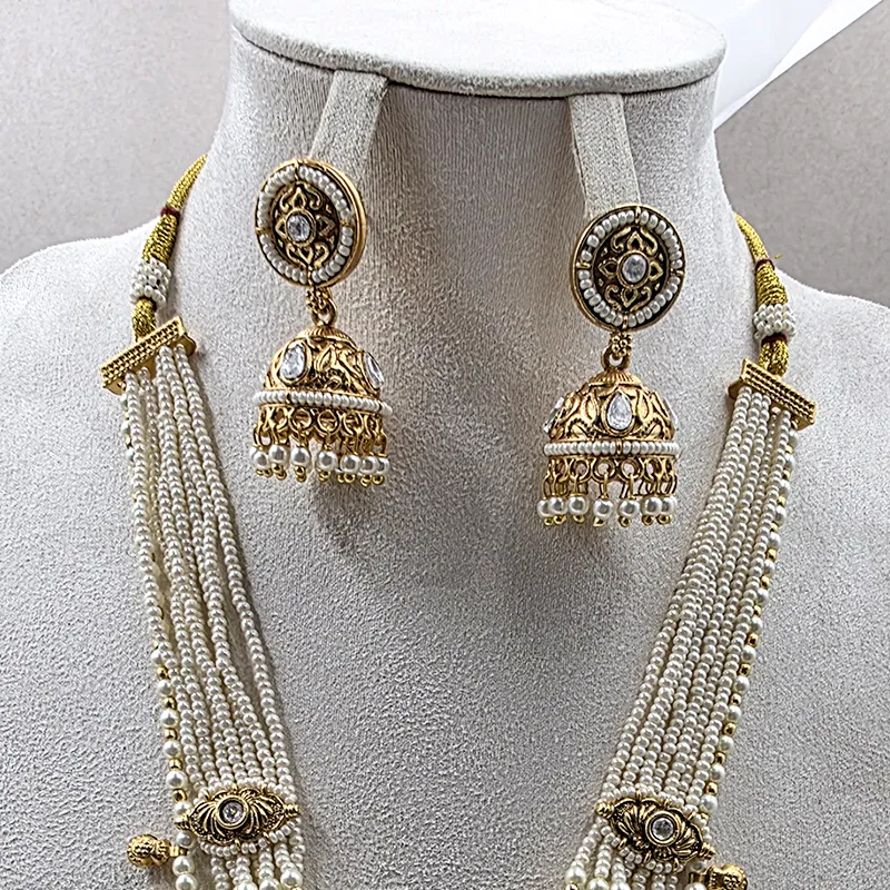 Regal Beads Long Necklace & Jhumka Set, White - Image 4