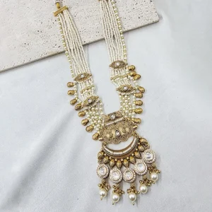 Regal Beads Long Necklace & Jhumka Set, White - Image 2