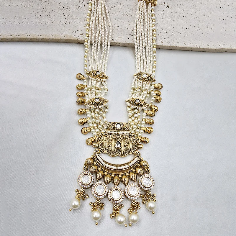 Regal Beads Long Necklace & Jhumka Set, White