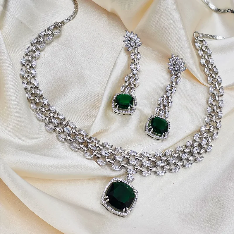 Selene CZ & Stone Necklace Set, Green - Image 2