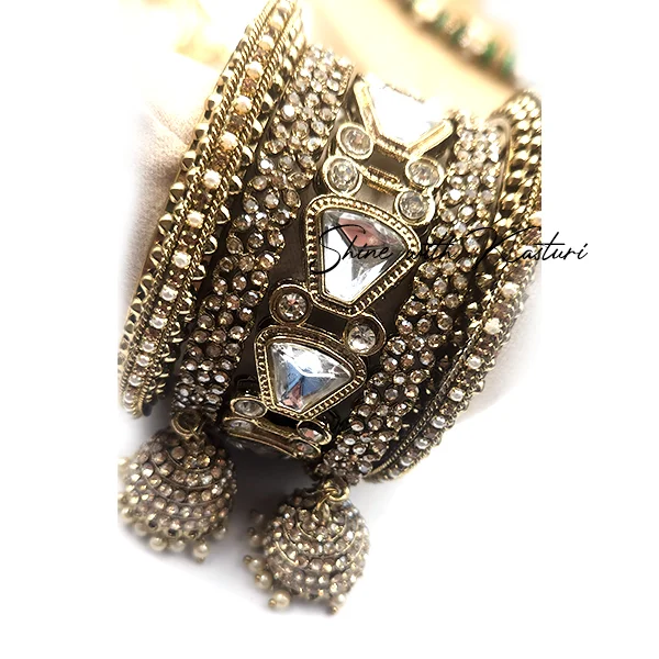 Embellished Kundan Bangles with Jhumka Drops - Image 2