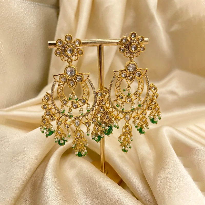 Royal Kundan Chandbali Earrings with Green Bead Drops - Image 2