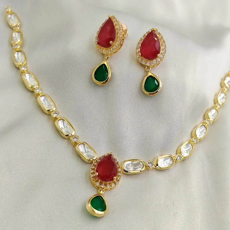 Emerald Ruby Elegance Kundan Pendant Necklace Set - Image 2