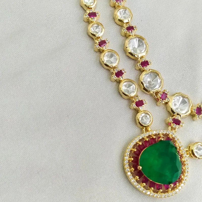 Green Ruby Kundan Teardrop Necklace Set - Image 3