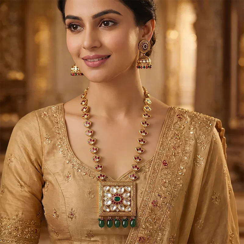 Royal Long Necklace with Kundan & Stones, Green - Image 2