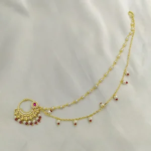 Ruby Pearl Bridal Nose Ring with Double Chain - Image 3