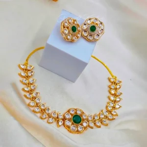 Polki Floral Necklace Set, Green - Image 4